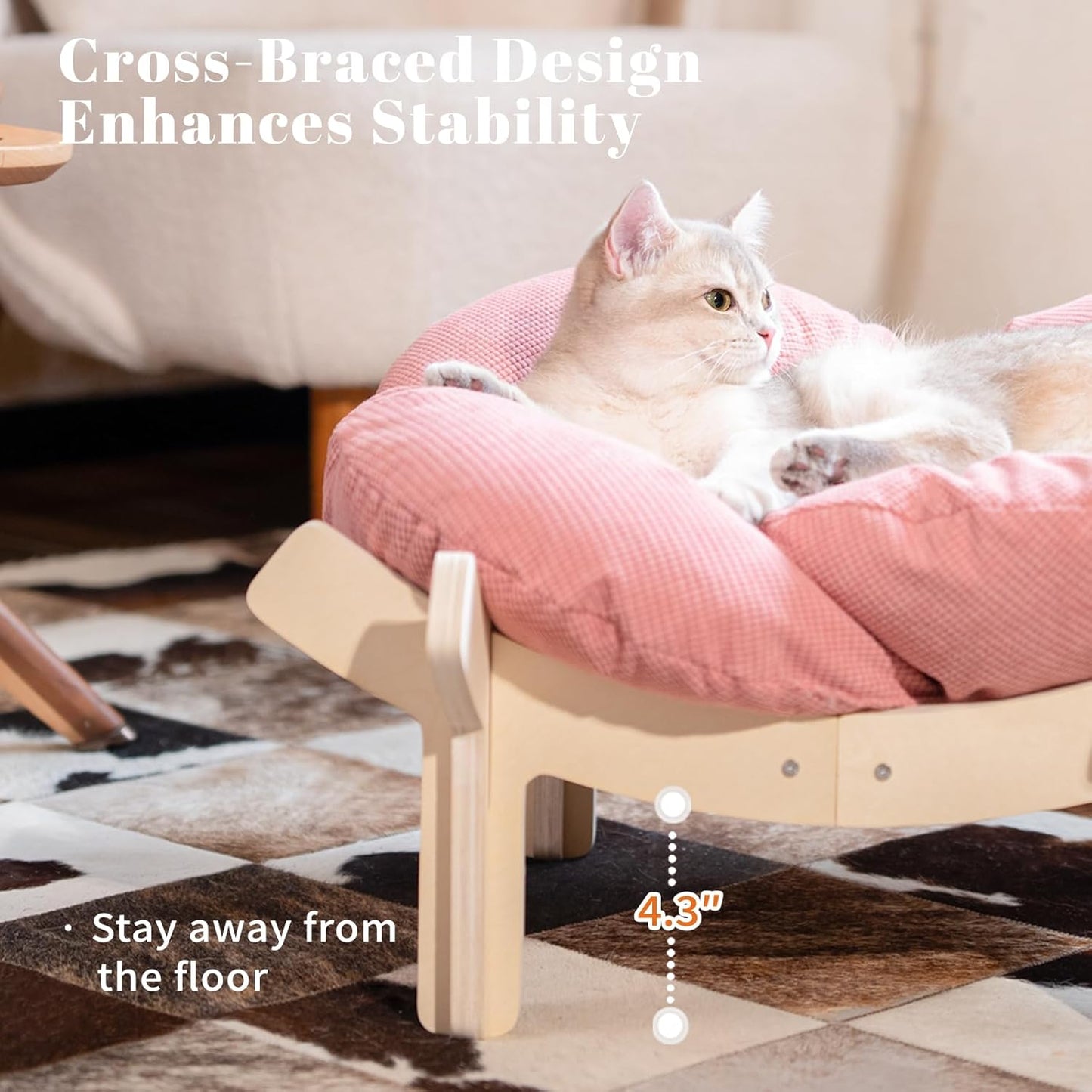 CHEERHOME PETS Elevated Cat Bed Wooden with Cushion Fluffy Pet Couch Sofa for Indoor Cats Raised Kitty Lounge Chair Suitable for Puppy, Cat Furniture(Pink)