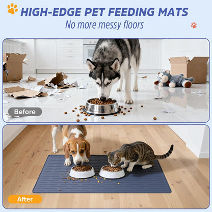 Large Dog Mats for Food and Water, 32"x24" Waterproof Pet Food Mats for Floor Nonslip Silicone Bowl Mats with Raised Edges