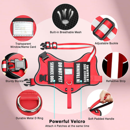Service Dog Vest Harness and Leash Set+10 Patches,No Pull&Adjustable Reflective Dog Harness with Soft Padded Handle for Training/Everyday,Fit Small/Medium/Large/Extra-Large Dogs (Red S)