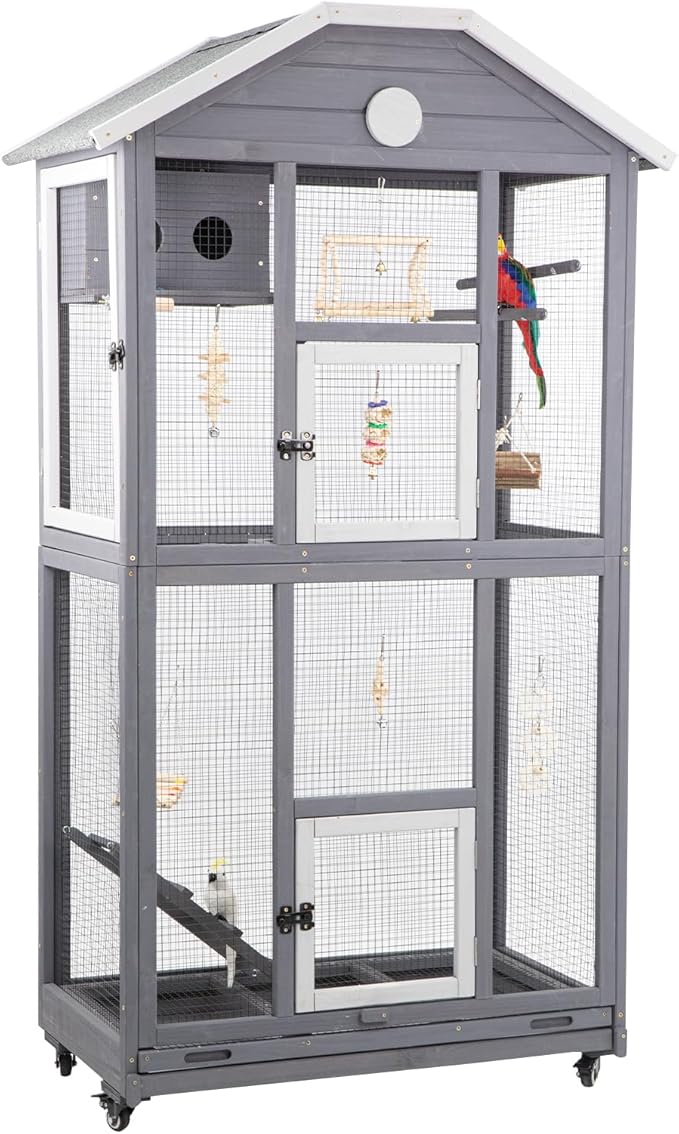 Outdoor Bird Cage Large, Wooden Flight Aviary with Perches, Nest Habitat, and Easy-Clean Pull Out Tray for Parakeets, Macaws, and More