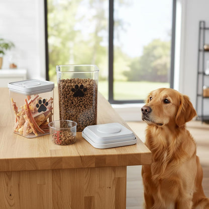 Dog Cat Food Storage Container with Scoop, 2Pack Airtight Plastic Pet Food Storage Containers,Dog Treat Container Jars Set,Treats Canister for Kitchen or Countertop,BPA Free, Clear
