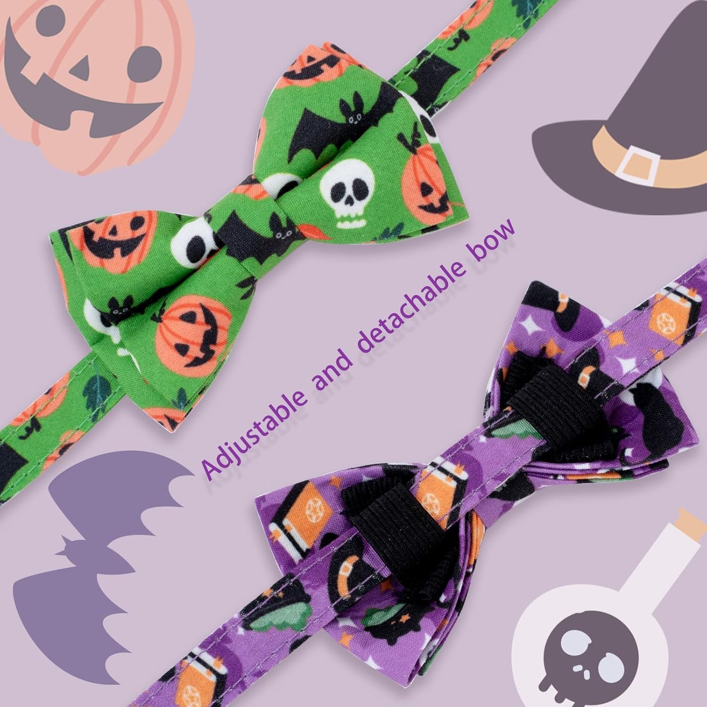 Faygarsle 2 Pack Cute Seasonal Cat Collar for Halloween and Fall Breakaway Collar with Bells Bowtie Cute Patterns for Female and Male Cats Green Purple Cat Collar
