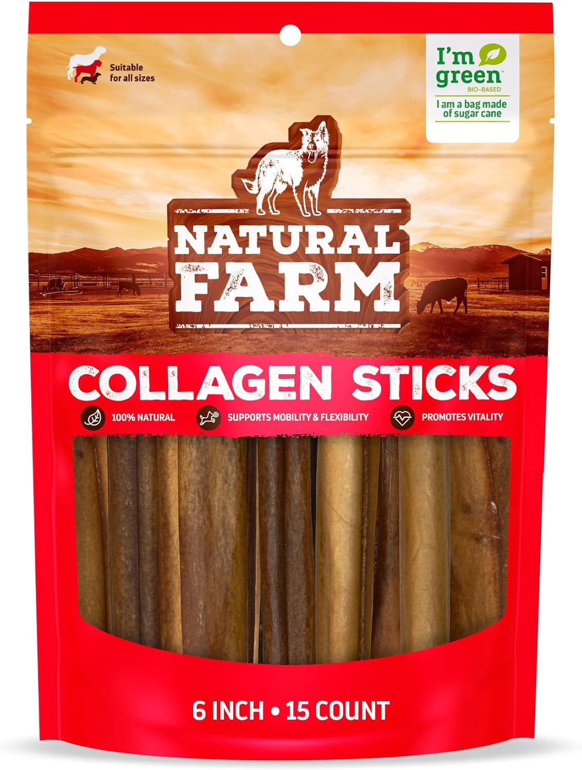 Natural Farm Collagen Sticks (6 Inch, 15 Pack). Odor-Free, 95% Natural Collagen Dog Chews, Supports Healthy Joints, Skin & Coat - Best Rawhide Alternative for Small & Medium Dogs