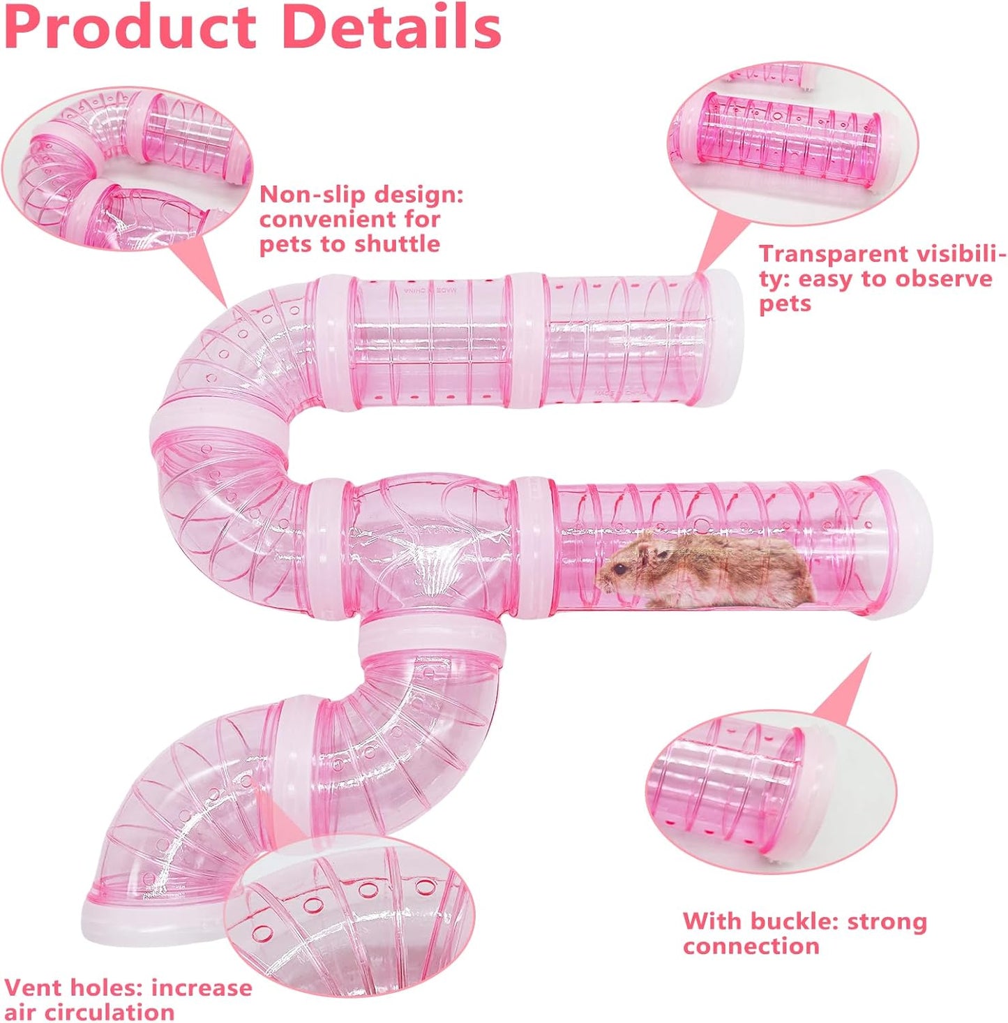 8PCS Hamster Tunnel Tube DIY Assorted Toy Transparent Adventure Pipe Playground Excercise Set for Mouse Syrian Hamster Gerbil (Pink)