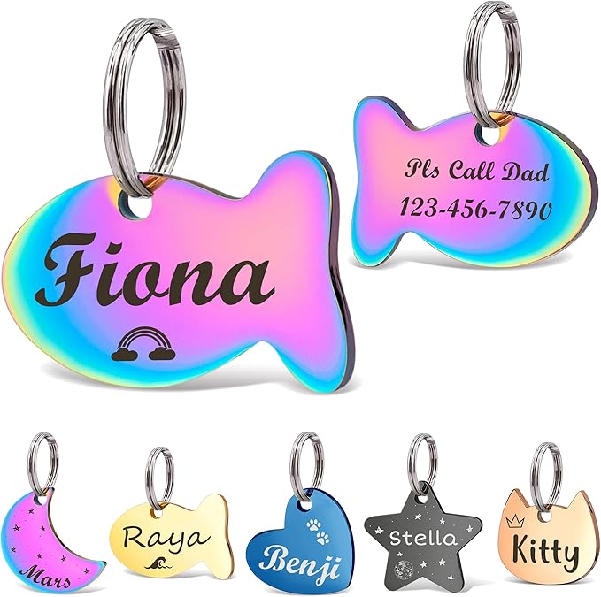 Anavia Small Size Dog Cat ID Tags, Small/XS Personalized Color Plated Stainless Steel Puppy Kitten Name Tags, Customized Engraved Nameplate Pet Collar Tag (Rainbow, Fish)