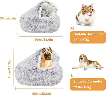 Cat Beds for Indoor Cats,Plush Hooded Cat Cave for Puppy Kitty Small Dog Bed,Removable Washable Non-Slip Bottom Self Warming Round Fluffy Faux Fur Super Soft Calming Sleeping Pet Bed(Gray)
