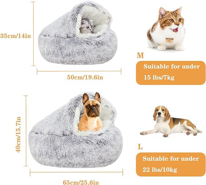 Cat Beds for Indoor Cats,Plush Hooded Cat Cave for Puppy Kitty Small Dog Bed,Removable Washable Non-Slip Bottom Self Warming Round Fluffy Faux Fur Super Soft Calming Sleeping Pet Bed(Gray)