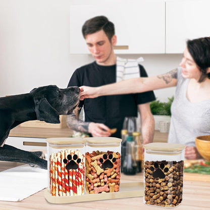 Dog Treat Container Airtight, 37oz Glass Dog Food Storage Set of 3, Pet Food Storage with Bamboo Lid, Small Pet Treat Canister,Puppy Food Bin for Kitchen Counter,Freshness Seal-Clear