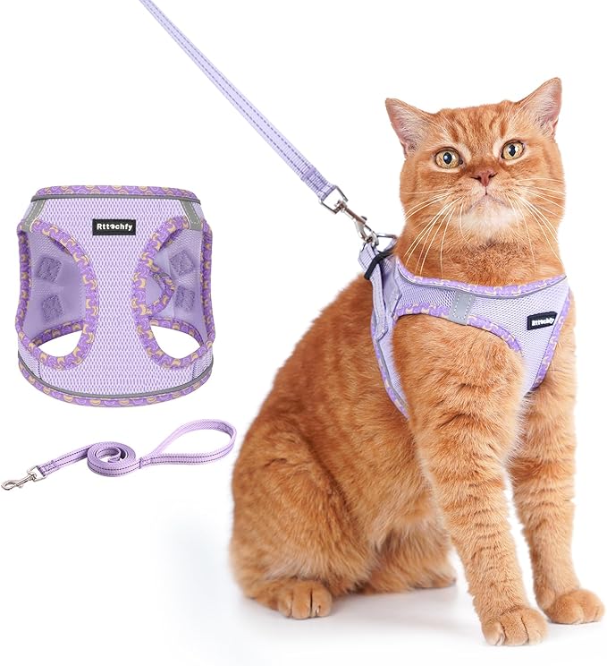 Rttochfy Cat Harness and Leash Set, Escape Proof Kitten Harness, Soft and Breathable Vest with Reflective Strip, Easy to Wear for Cats Walking and Traveling (Purple, S)