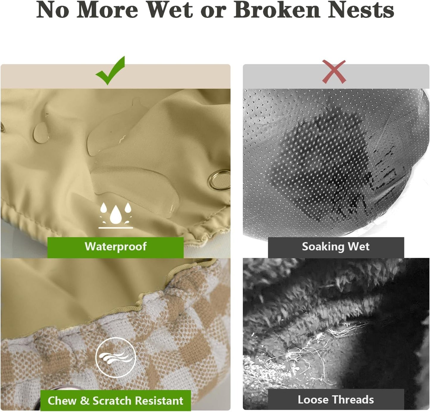 Waterproof Bird Bed with Adjustable Chain, Customizable Height Hanging Bird Hammock for Cage, Small Size Bird Nest with Durable Non-Collapsible Bottom, Bird Hut for Conures, Budgies (Khaki)