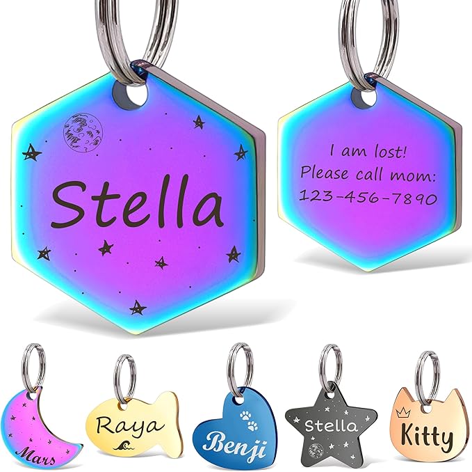Anavia Small Size Dog Cat ID Tags, Small/XS Personalized Color Plated Stainless Steel Puppy Kitten Name Tags, Customized Engraved Nameplate Pet Collar Tag (Rainbow, Hexagon)