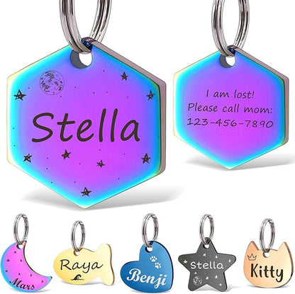 Anavia Small Size Dog Cat ID Tags, Small/XS Personalized Color Plated Stainless Steel Puppy Kitten Name Tags, Customized Engraved Nameplate Pet Collar Tag (Rainbow, Hexagon)