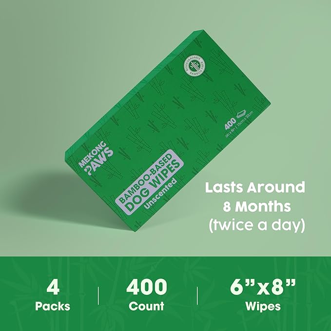 Pet Grooming Wipes - Unscented - Natural & Organic Bamboo Base - Freshening Wipes for Dog & Cat - Skin-Friendly & Gentle - Thick & Durable for Paws, Coat & Bum Cleansing - 400 Count