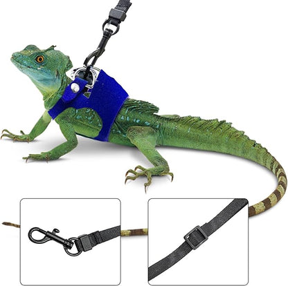 Bearded Dragon Harness and Leash Set, 3 Size Adjustable Soft Leather Reptile Leash, Lizard Harness with Retractable, Small Animal Outdoor Walking Vest with Traction Rope, 3 Pack (Blue)