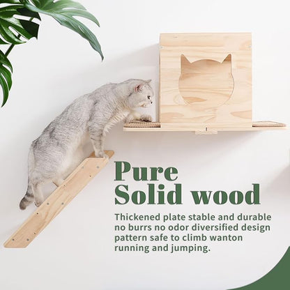 Cat Wall Shelves Set – Wall Mounted Cat Furniture with House, Sisal Mat, Scratching Posts & Perches – Indoor Climbing Shelves for Large Cats