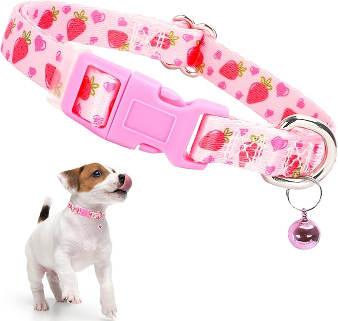 Cute Pink XXS xs Dog Collar with Bell, Soft Adjustable Strawberry Puppy Collar Tiny Cat Collars with Bells for XS Small Girl Female Dogs Little Animal,XSmall