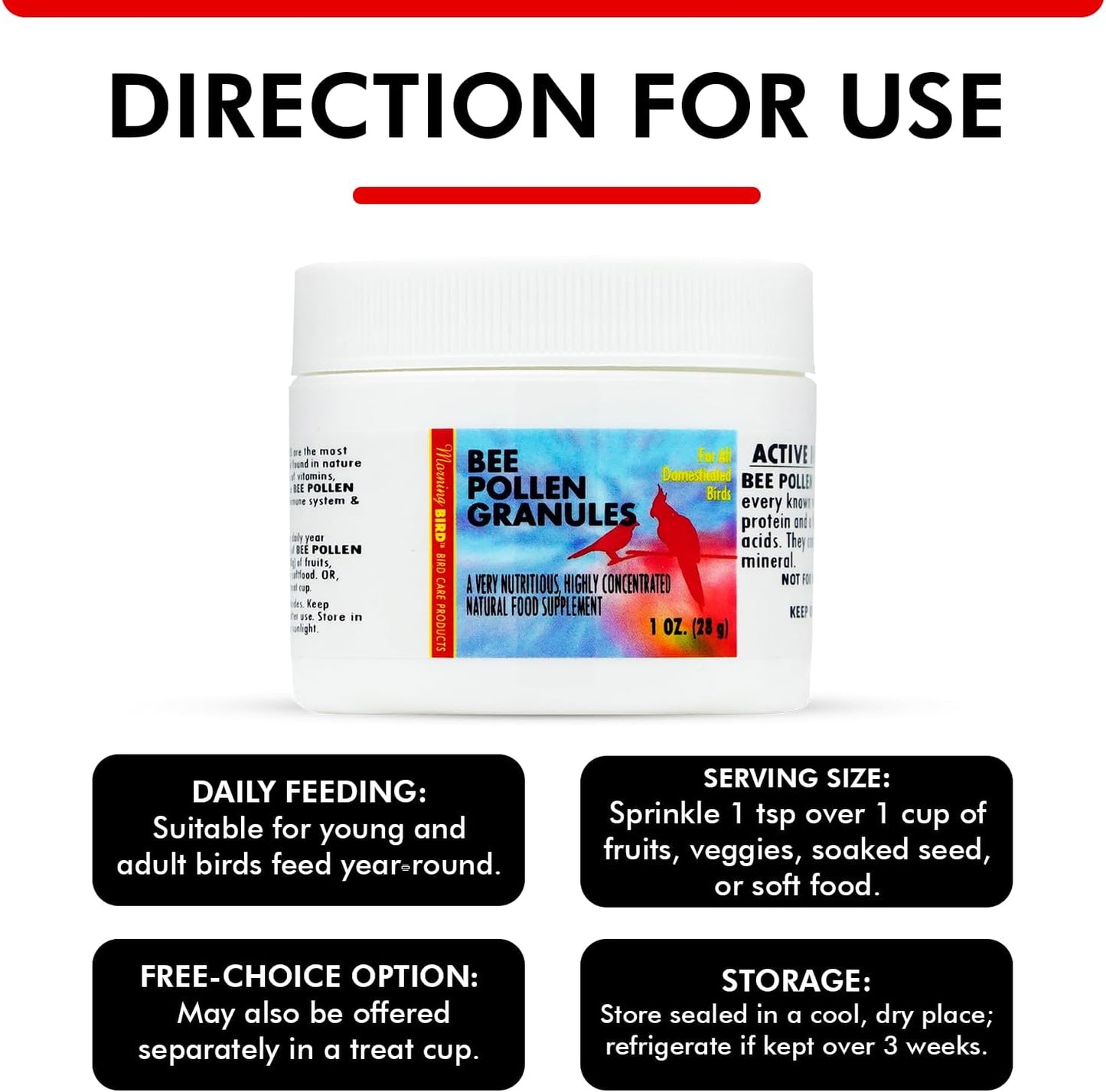 Morning Bird Bee Pollen Granules 1 Oz – Naturally Immune Support & Protein Powder for Birds – Boosts Strength, Feather Health & Energy Supplements – Easy to Mix with Food for All Bird Types