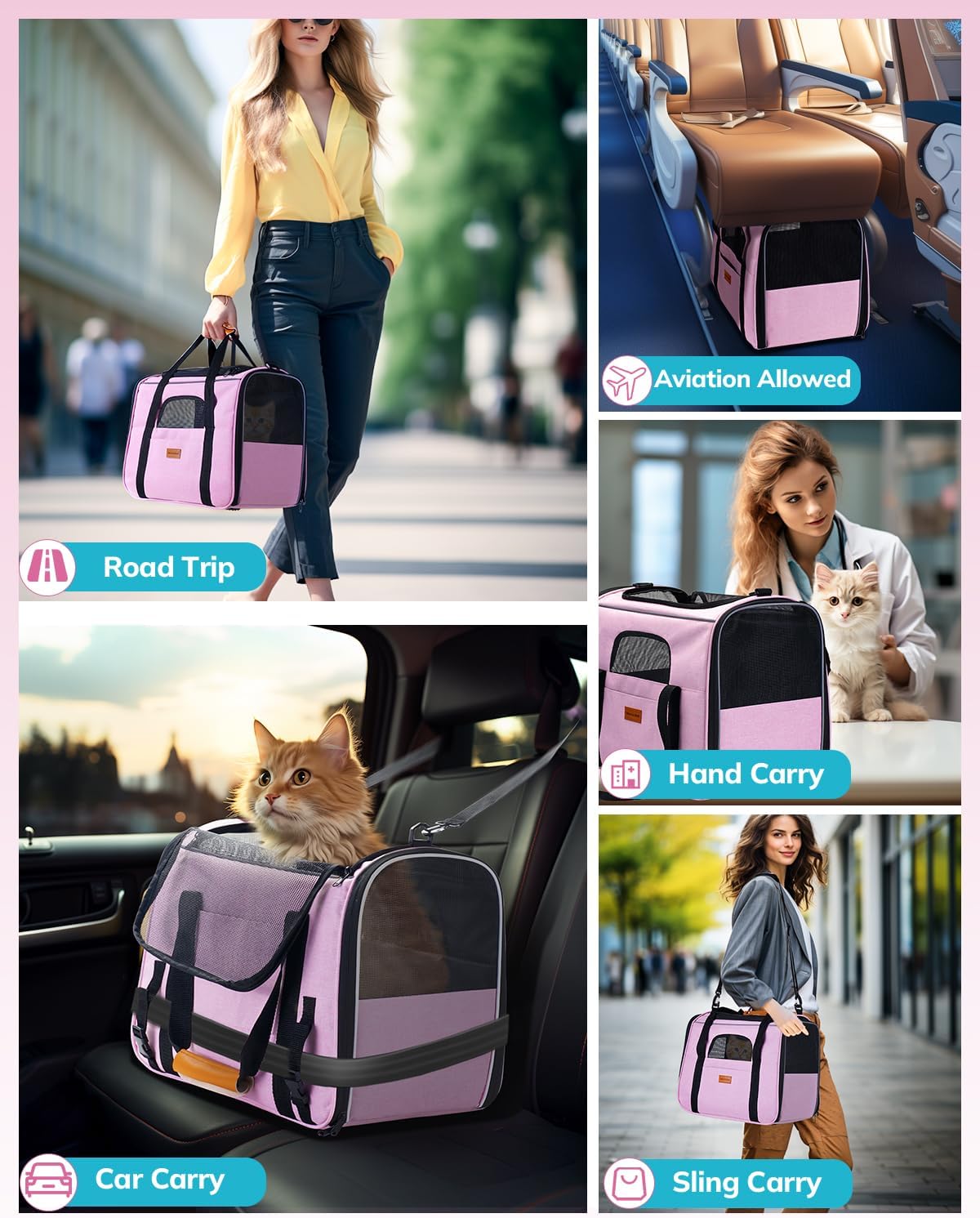 Morpilot Portable Cat Carrier - Soft Sided Cat Carrier for Medium Cats and Puppy up to 15lbs, Pet Carrier with Locking Safety Zippers, Foldable Bowl, Airline Approved Travel Dog Carrier - Pink