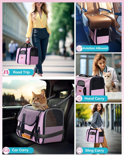 Morpilot Portable Cat Carrier - Soft Sided Cat Carrier for Medium Cats and Puppy up to 15lbs, Pet Carrier with Locking Safety Zippers, Foldable Bowl, Airline Approved Travel Dog Carrier - Pink