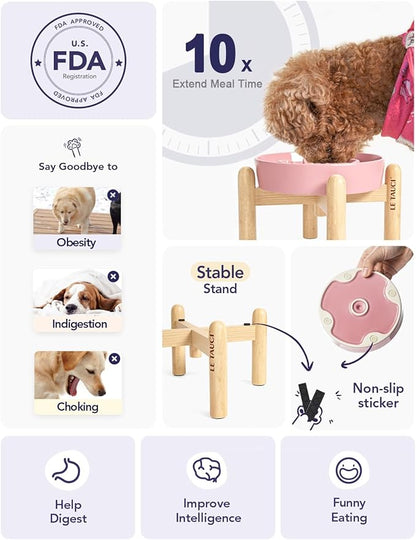 LE TAUCI Ceramic Slow Feed Dog Bowls, Elevated for Small Breeds, Anti-Gulping, Non-Slip, 6 inch, Pink