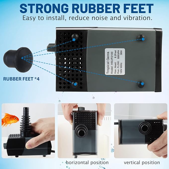 WaterRebirth HSUP2100F Versatile Submersible Pump - Fountain Jets for Ponds, Fish Tanks, Water Gardens - Aquarium & Pond Pump (2100L/H)