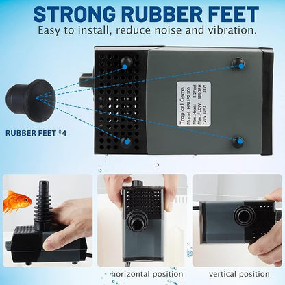 WaterRebirth HSUP2100F Versatile Submersible Pump - Fountain Jets for Ponds, Fish Tanks, Water Gardens - Aquarium & Pond Pump (2100L/H)