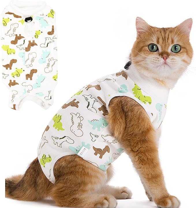 Cat Recovery Suit for Spay Abdominal Wounds Female, Onesie for Cats After Surgery, Surgery Recovery Suit Kitten Onesie for Cats Anti Licking (Dinosaur, Medium)