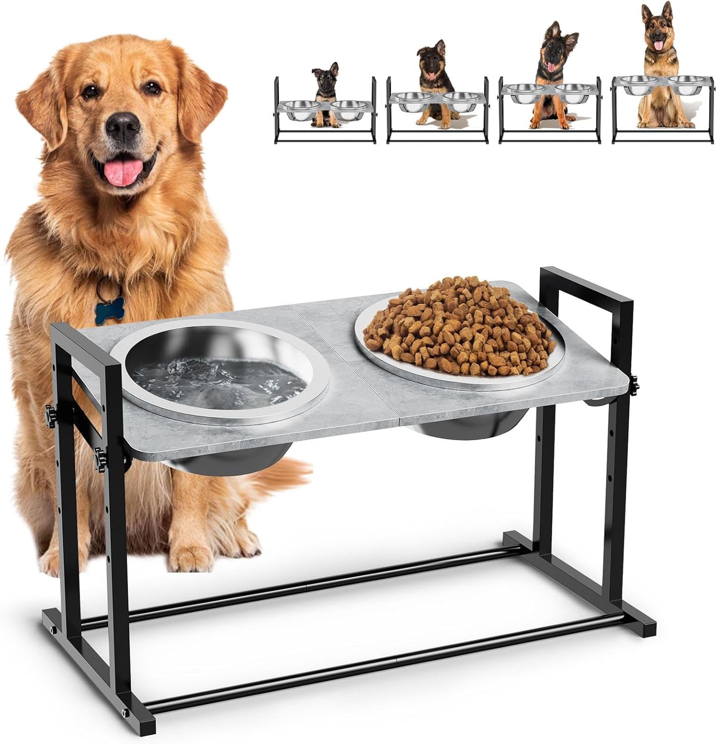 Elevated Dog Bowls for Large Dogs, 4 Height Adjustable Tilted Raised Dog Bowl Stand with 2 Stainless Steel 2L Bowls, 13.6" Tall Dog Feeder for Medium and Large Breed