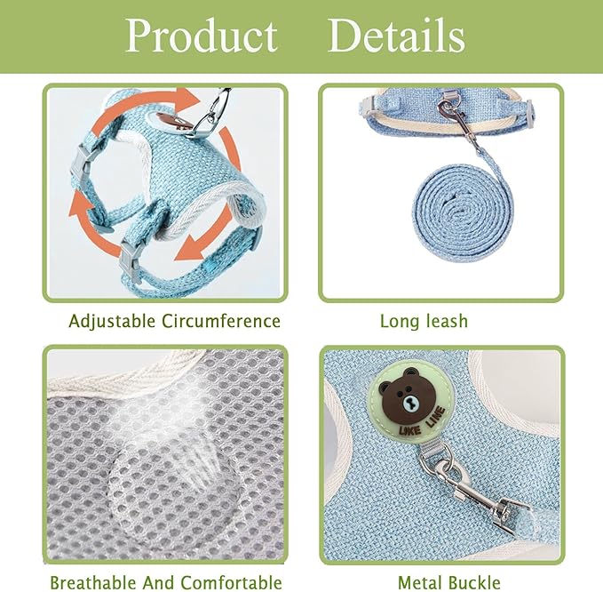 Rabbit Harness and Leash Set 2 Pieces Adjustable Bunny Harness Leash Ferret Harness Guinea Pig Harness Ferret Leash for Small Pets Walking Outdoor (Pink, Small)