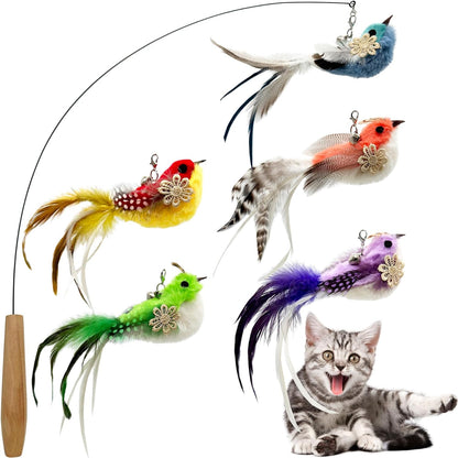 Cat Wand Toy, 6 Pieces Interactive Cat Wand Bird Feather Toys for Indoor Cats Play Exercise