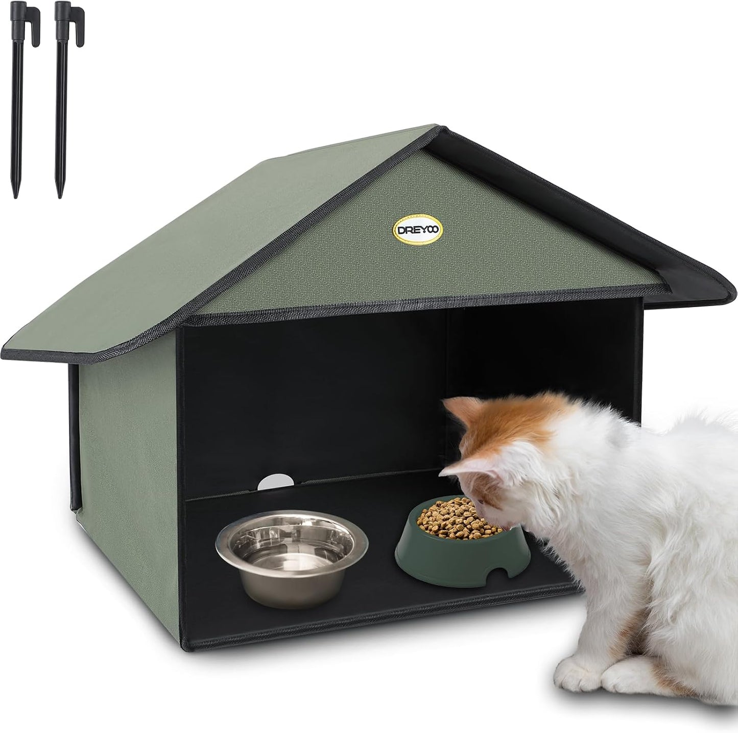 Dreyoo 1 Pack Outdoor Cat Feeding Station for Food & Water, Weatherproof Outdoor Kitty Dining Room Cat Shelter for Stray, Feral Cats and Community Cats, 13”d x 17”w x 15.5'h (Dark Green)