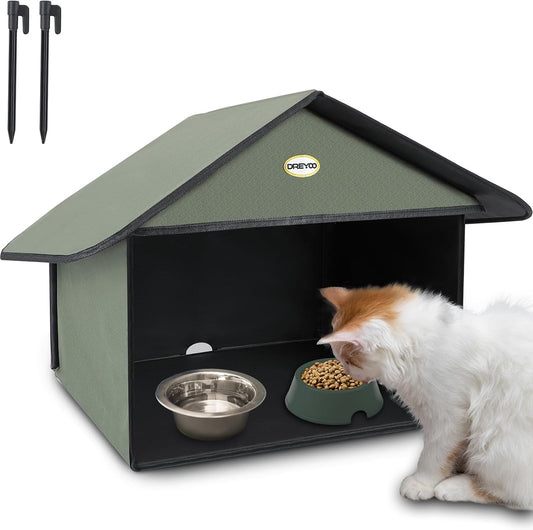 Dreyoo 1 Pack Outdoor Cat Feeding Station for Food & Water, Weatherproof Outdoor Kitty Dining Room Cat Shelter for Stray, Feral Cats and Community Cats, 13”d x 17”w x 15.5'h (Dark Green)