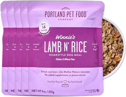 Portland Pet Food Company Fresh Dog Food Pouches - Human-Grade Toppers Wet Pet Meal & Mixers - Gluten-Free Limited Ingredient Winnie's Lamb N' Rice - Large & Small Breed Puppy & Senior Dogs - 5 Pack