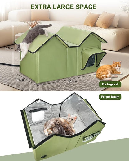 Extra Large Heated Cat House for Outside, Elevated Waterproof Outdoor Cat House Weatherproof for Winter, Insulated Outdoor Cat Shelter with Escape Doors and Heating Pad for Multiple Cats, Green