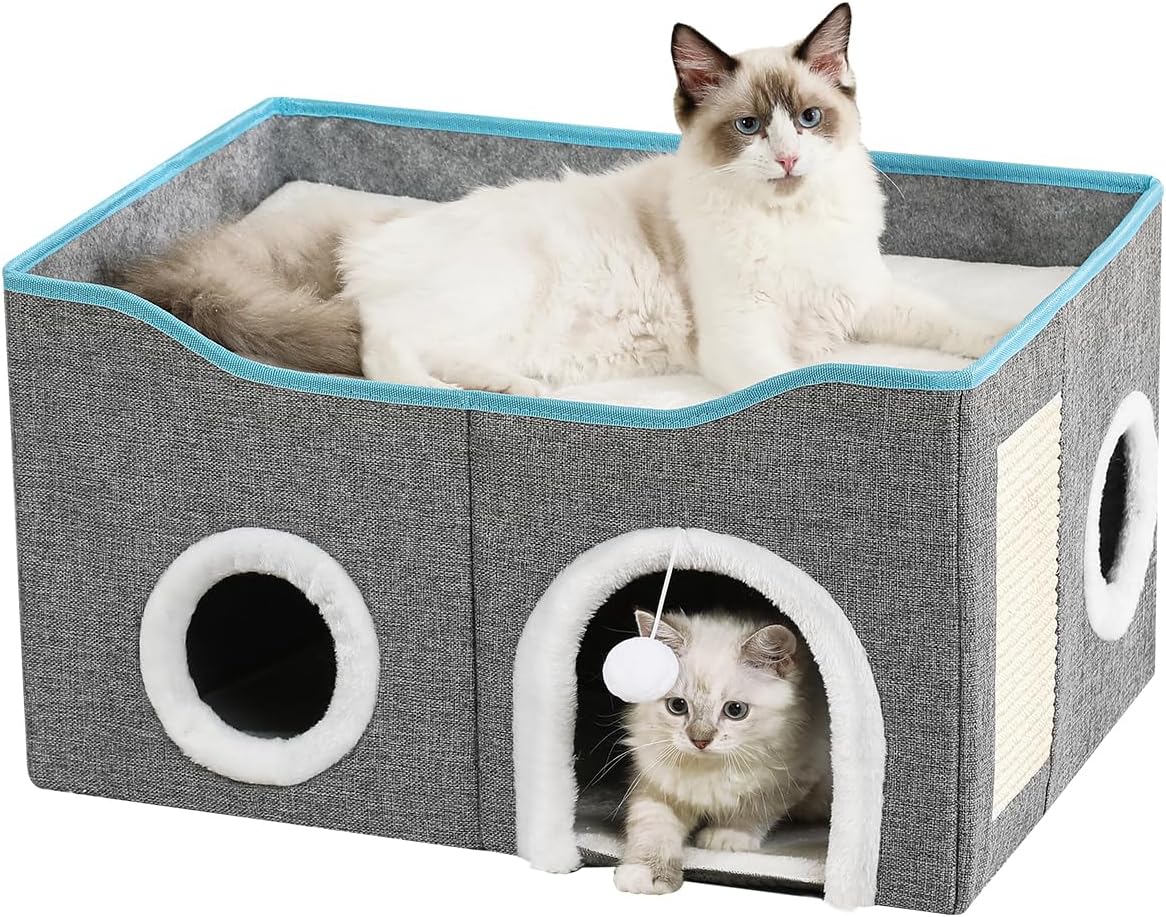 Large Cat Bed for Indoor Cats, Extra Wide Cat Cave House with Scratch Pad and Fluffy Ball, Foldable Cat Hideaway for Kitten Bed, Cat Condo for Cats (Grey, X-Large)