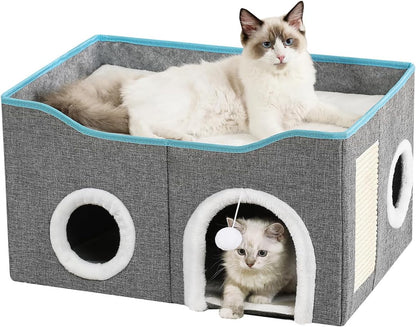 Large Cat Bed for Indoor Cats, Extra Wide Cat Cave House with Scratch Pad and Fluffy Ball, Foldable Cat Hideaway for Kitten Bed, Cat Condo for Cats (Grey, X-Large)