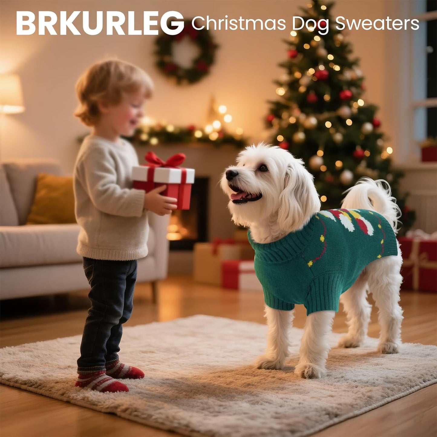 BRKURLEG Dog Sweaters, Christmas Dog Sweaters for Medium Dogs, Turtleneck Warm Pet Sweater for Cold Weather, Xmas, New Year, Pet Winter Knitted Sweatshirt Outfit for French Bulldog,Pug (Green, M)