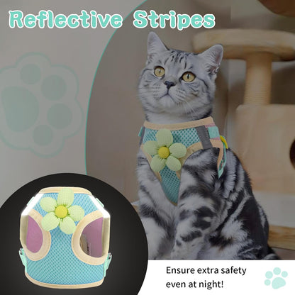 Cat Harness and Leash Set for Walking Escape Proof, Adjustable Kitten Harness Breathable Mesh with Reflective Strips Harness with Flower for Kitty Puppy Bunny Green XS