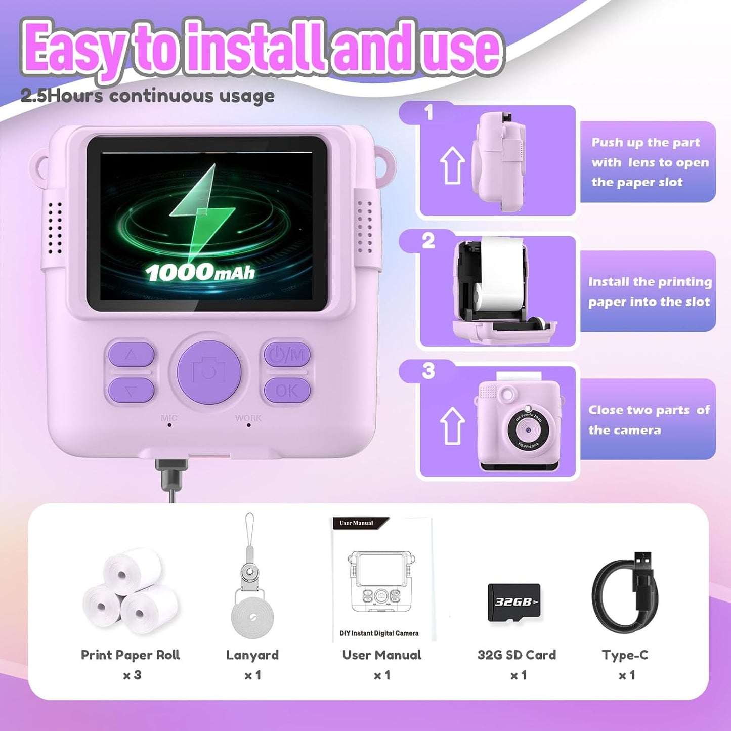Instant Print Camera for Kids, Christmas Birthday Gifts for Girls Boys Age 3-12,Digital Kids Cameras for Toddler, Portable Toy for 3 4 5 6 7 8 9 10 Year Old Girl with 32GB SD Card-Purple
