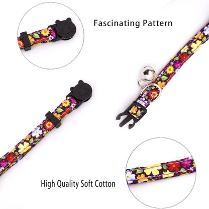 4 Pack Cotton Breakaway Cat Collar with Bell,Safety Adjustable Cat Collars Set with Flower Pattern,Ideal for Girl Cats Boy Cats