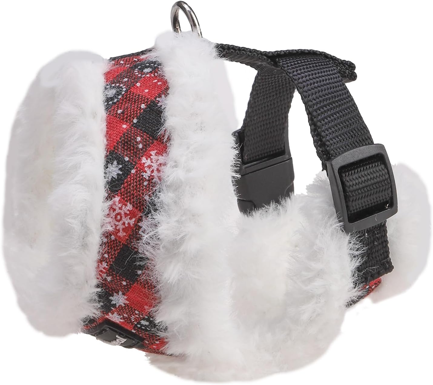 SCENEREAL Dog Christmas Harness Collar and Leash Set, Warm Fleece No Pull Puppy Vest Harnesses No Chock Adjustable Step in Small Pet Halter for Outdoor Walking Training, Black Red Plaid S