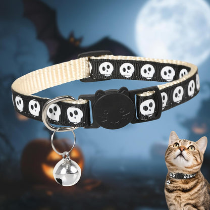 Halloween Cat Collar with Bell, Adjustable Comfortable Kitten Halloween Collar Breakaway, Skeleton Patterns Safety Holiday Cat Collars for Boys Girls,Kitten,Puppy Black (7.5"-12.5")