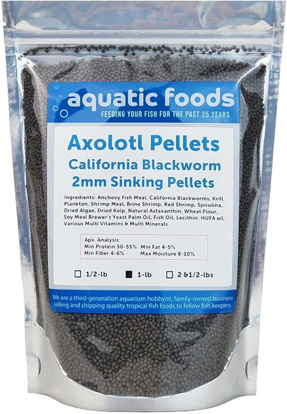 Aquatic Foods Inc. Axolotl Blackworm Pellets. 2mm-1/16 Sinking California Blackworm Small Pellets for Small Axolotl, Frogs, Shrimp, Salamanders, Newts, Snails…1-lb Pouch Bag