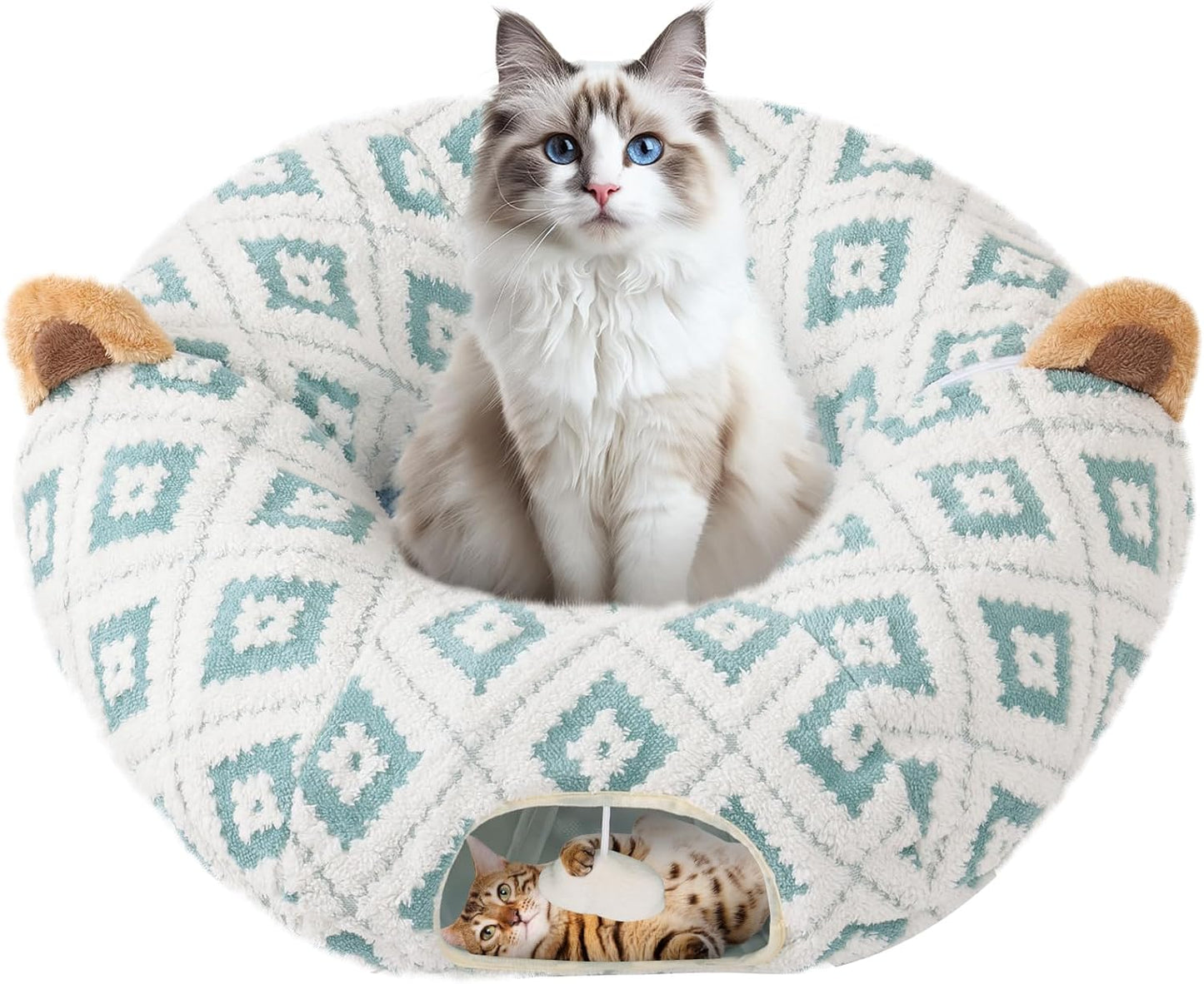 Cat Tunnel Bed with Soft Cushion, Cat Donut Tunnels for Indoor Cats, Peekaboo Cat Cave Toy, Multifunctional Playground Toys for Kittens, Rabbit, Blue Jacquard Pattern
