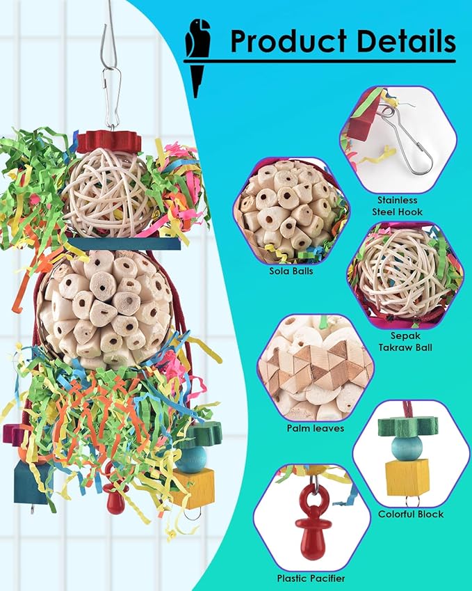 Bissap 2PCS Bird Parrot Foraging Shredder Hanging Toys Sola Balls Sepak Takraw with Pacifier for Small Parrots Parakeets Conures Cockatiels Love Birds Cage Toy