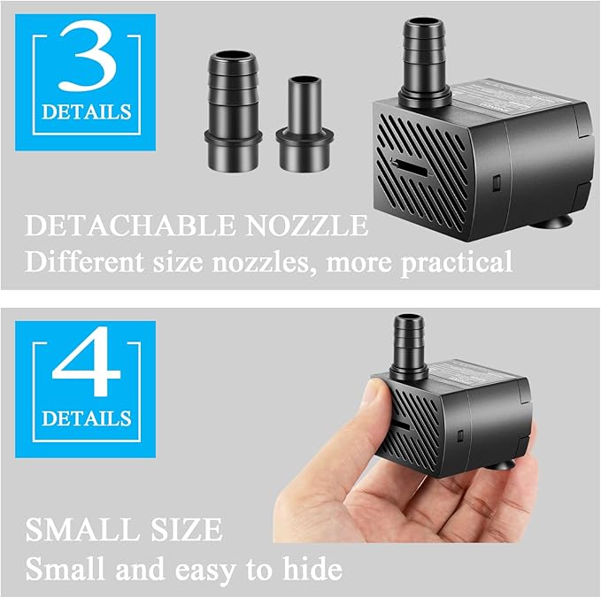 Submersible Pump, Small Fountain Pump with Tubing, Submersible Water Pump for Aquarium Fish Tank Indoor or Outdoor Pond Fountain Hydroponics Statuary (5W 95GPH, No Led Light)