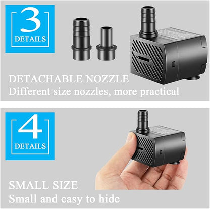 Submersible Pump, Small Fountain Pump with Tubing, Submersible Water Pump for Aquarium Fish Tank Indoor or Outdoor Pond Fountain Hydroponics Statuary (5W 95GPH, No Led Light)