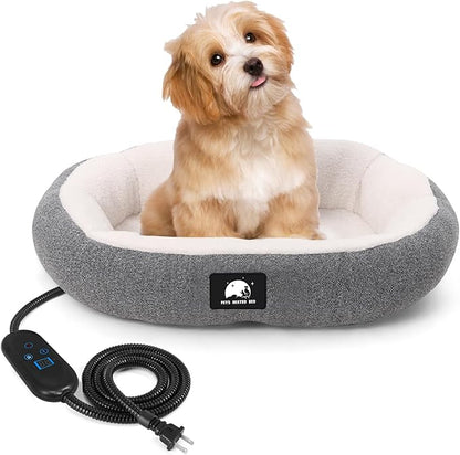 Heated Cat Bed for Small Cats, 19" Soft & Cozy Donut Pet Bed with Timer & Temp Adjustable Heating Pad for Indoor Kitten, Electric Warmer(A) (Gray)