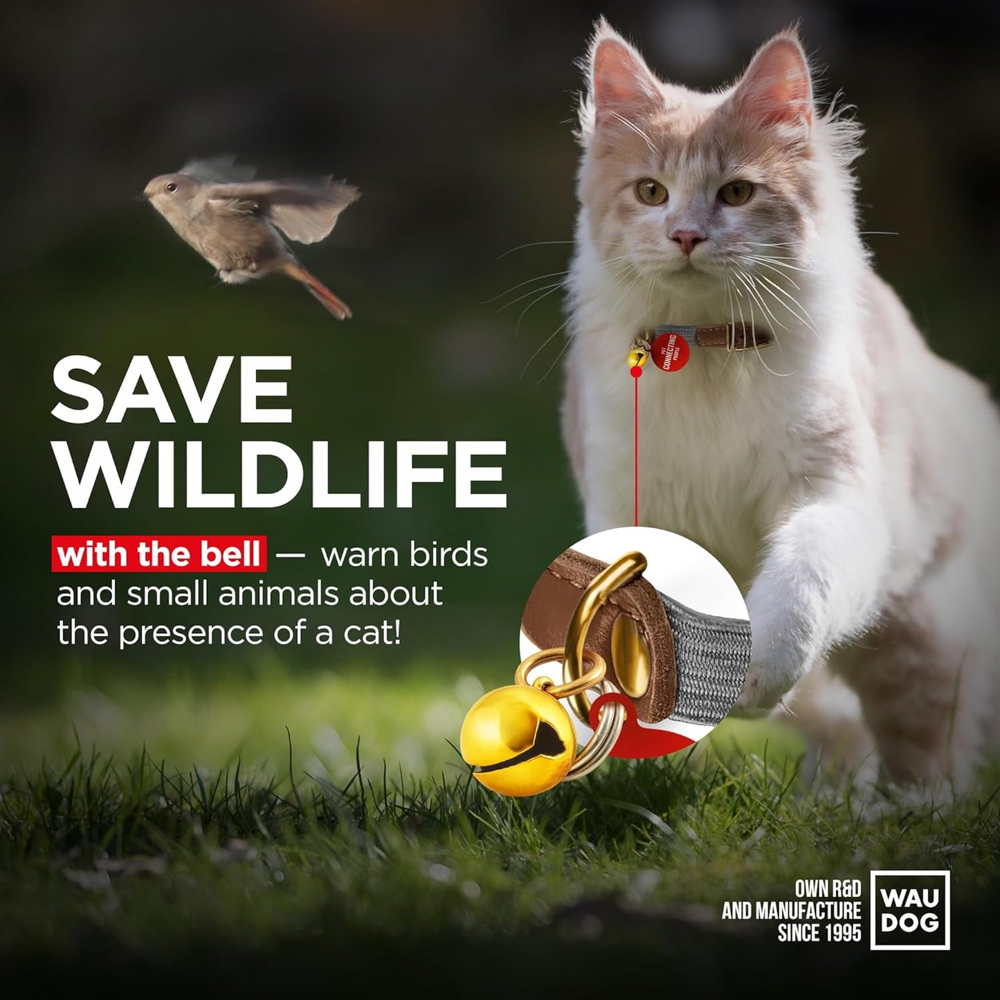 WAUDOG Ultra Soft Rolled Leather Cat Collar with Removable Bell, Safety Elastic Strap and QR ID Tag - Soft Padded for Small, Medium, and Large Cats - Round Kitten Collar for Male and Female Cats