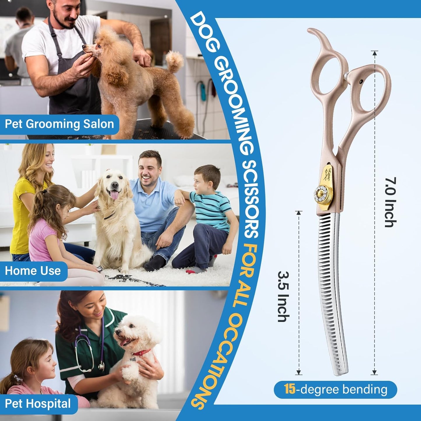 JASON Updated Curved Thinning Shears - 7” Professional Dog Grooming Scissors, 440C Stainless Steel, Adjustable Screws, 20%-25% Thinning Rate